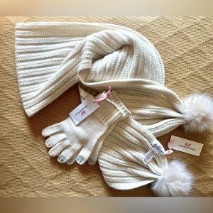 NWT Vineyard Vines Lurex Pom Knit Scarf Gloves Marshmallow Cream Wool & Cashmere